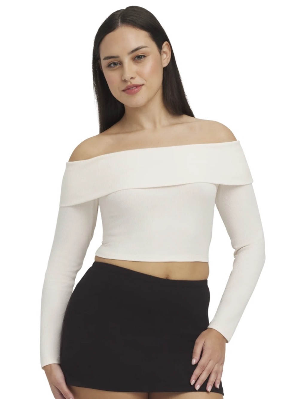 Mills by Millie Bobby Brown Women's Ribbed Off the Shoulder Long Sleeve Sweater